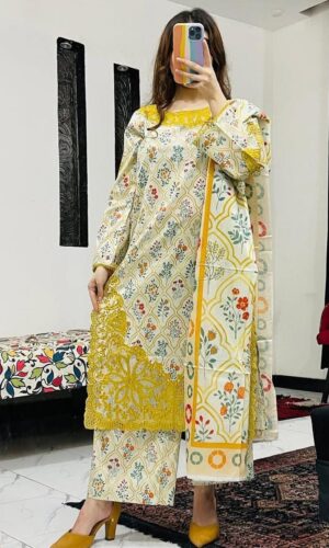 Elegant Printed & Embroidered Cotton Dress Set