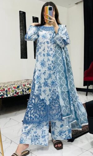 Elegant Printed & Embroidered Cotton Dress Set